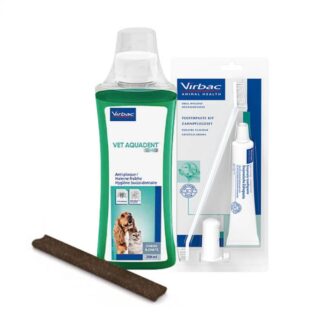 Virbac Dental Pack: 1 набор для чистки зубов + 1 зубная полоска Veggiedent FRESH S + 1 Vetaquadent Fresh 250 мл