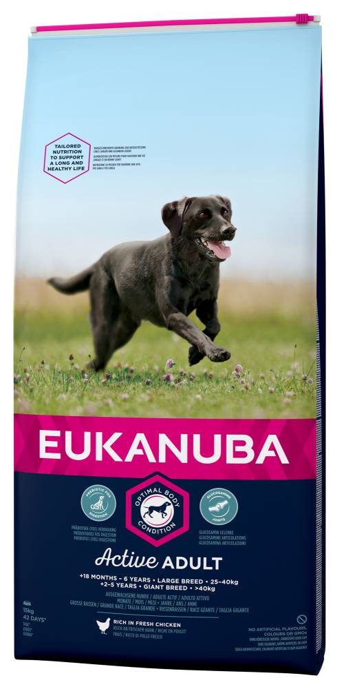 EUKANUBA dry dog food (kibble) for active adult large breed dogs that's Rich in fresh chicken 15 kg