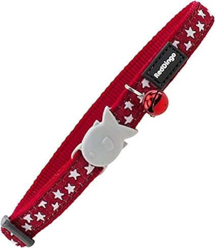 Red Dingo Deisgner Cat Collar, White Stars on Red 12mm x (20-32cm)