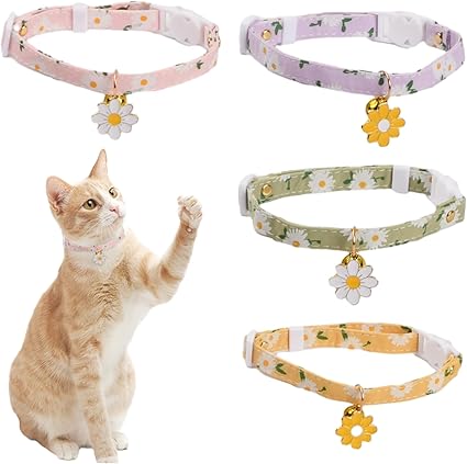 Pack of 4 Cat Collar with Bell, 18-30 cm, Adjustable Cat Collar with Plastic Buckle, Fresh Cute Daisy Cat Collar, Decorative Cat Collars
