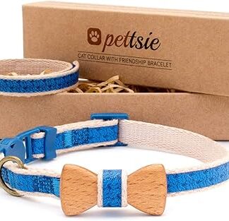 Pettsie Cat Collar with Safety Clasp and Bow Tie Made of High-Quality Beech Wood, Friendship Bracelet for Her, Strong Cotton, D-Ring for Accessories, Adjustable Size 8-11 inches, Blue