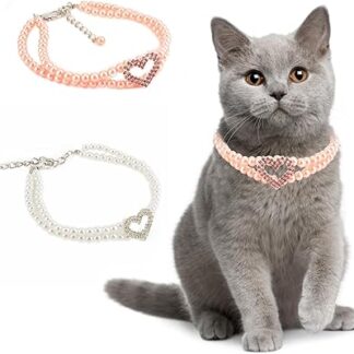 Ranphy 2 Row Dog Cat Pearl Necklace Collar with Crystal Rhinestone Heart Pendant Charm Pet Jewellery for Dog Cat Puppy Kitten Wedding Dress Accessories, Pink, S