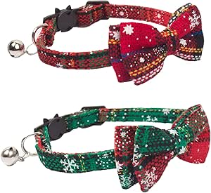 ADOGGYGO 2 x Red & Green Christmas Cat Collar with Bow and Bell