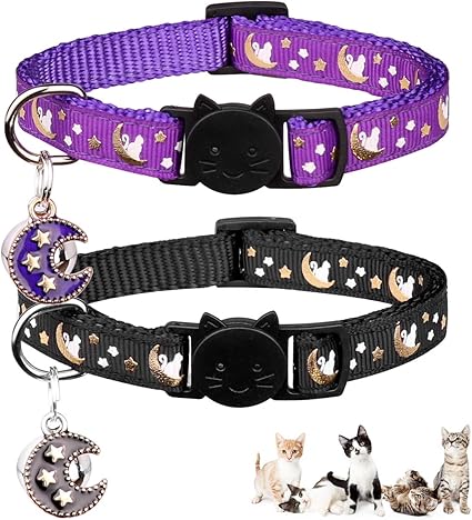 Breakaway Cats Collars with Bell Moons Stars Adjustable Kitten Collars with Pendant Glow in The Dark (Purple + Black)