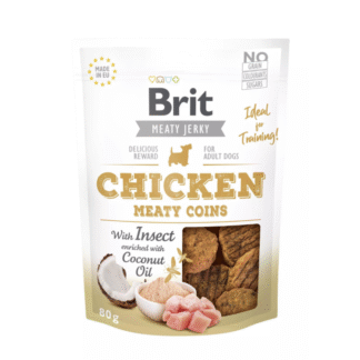 Brit JERKY CHICKEN С МЯСНЫМИ МОНЕТКАМИ ИЗ НАСЕКОМЫХ 80 г полумягкие лакомства с курицей и насекомыми