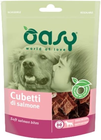 Oasy Snack Cane, deliziosi cubetti di salmone per cani adulti e cuccioli di tutte le taglie | 3 confezioni da 100 grammi l’una.