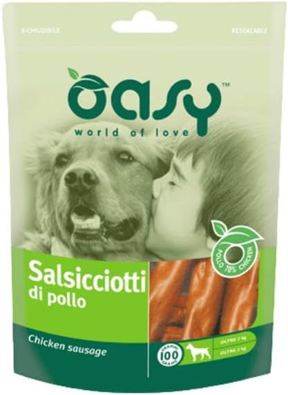 Oasy Snack Cane, deliziosi salsicciotti di pollo con ossi al calcio per cani adulti e cuccioli di tutte le taglie | 3 confezioni da 100 grammi l’una.