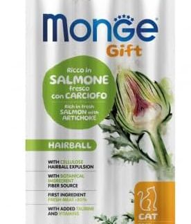 Monge Snack Gatto Gift Stick Hairball gusto Salmone fresco con Carciofo, snack per gatti adulti di tutte le taglie | 3 confezioni da 45 grammi l’una.