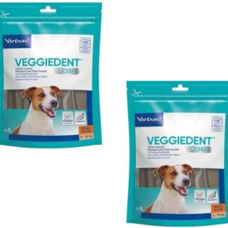 Virbac VeggieDent 15 Strisce S | Confezione Doppia | 2 x 224 g | Snack masticabile per cani di piccola taglia (5-10 kg) | Snack vegetariano per il controllo della placca dentale | UN pezzo al giorno