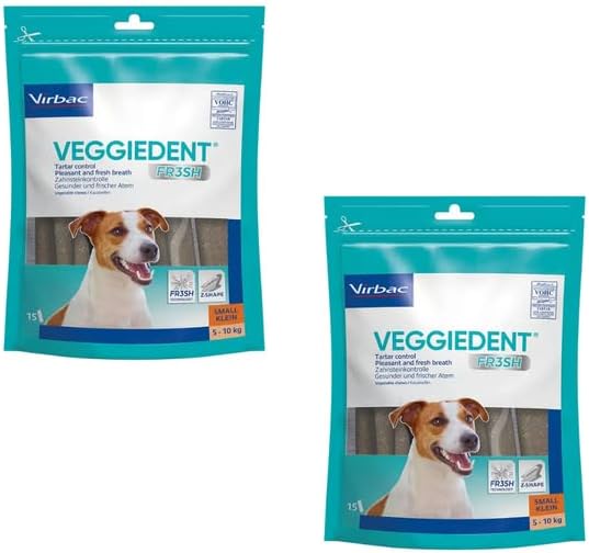 Virbac VeggieDent 15 Strisce S | Confezione Doppia | 2 x 224 g | Snack masticabile per cani di piccola taglia (5-10 kg) | Snack vegetariano per il controllo della placca dentale | UN pezzo al giorno