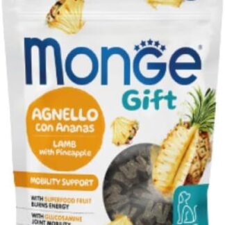 Monge Snack Cane Gift, snack per cani di tutte le taglie, gusto Agnello con Ananas, senza cereali, favorisce il sostegno delle cartilagini articolari | 3 confezioni da 150 grammi l’una.