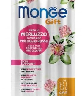 Monge Snack Gatto Gift Stick Skin Support gusto Merluzzo fresco con Trifoglio rosso, snack per gatti adulti di tutte le taglie | 3 confezioni da 45 grammi l’una.