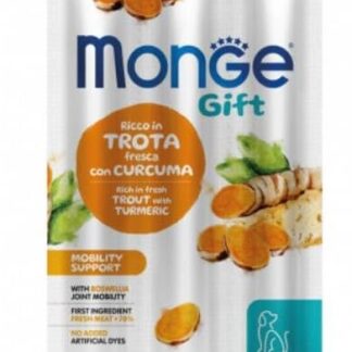 Monge Snack Cane Gift Stick, snack per cani di tutte le etá,gusto Trota Fresca con Curcuma,senza cereali,favorisce il supporto delle articolazioni | 3 bustine da 135 grammi l’una.