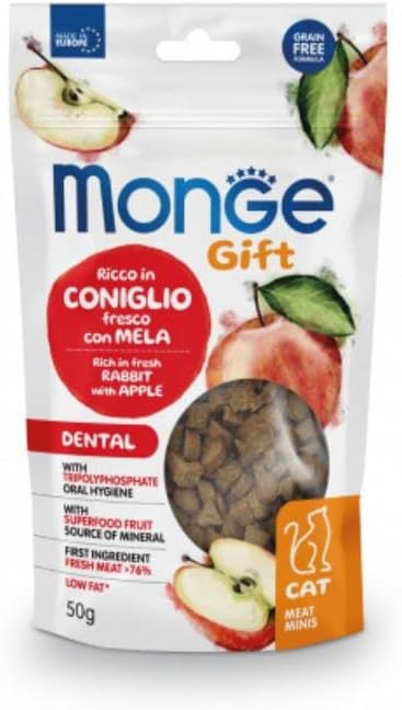 Monge Snack Gatto Gift Dental, snack per gatti adulti di tutte le taglie, gusto CONIGLIO con MELA,senza cereali, alta appetibilità per palati difficili, igiene dentale | 3 bustine da 50 grammi l’una