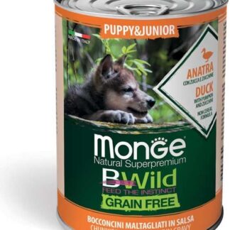 Monge BWild Umido Cane Puppy Grainfree Anatra con Zucca e Zucchine, alimento umido completo per cani cuccioli di tutte le taglie, senza cereali | 6 lattine da 400 grammi l’una.