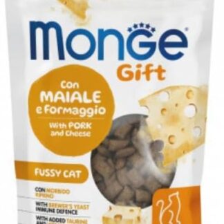 Monge Snack Gatto Gift Dental, snack per gatti adulti di tutte le taglie, gusto MAIALE con FORMAGGIO,senza cereali, alta appetibilità per palati difficili | 3 bustine da 60 grammi l’una.