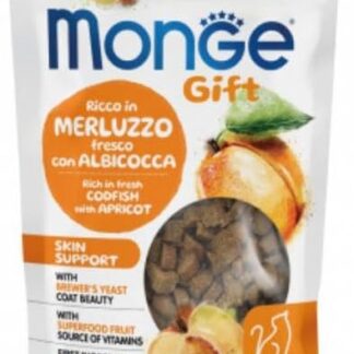 Monge Snack Gatto Gift Skin Support, snack per gatti adulti di tutte le taglie, gusto MERLUZZO con ALBICOCCA,senza cereali, favorisce la lucentezza e la cura del pelo | 3 bustine da 50 grammi l’una.