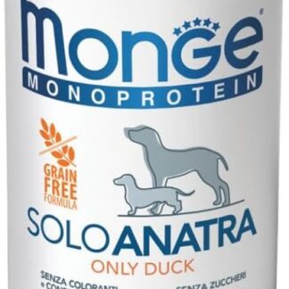 Monge Monoprotein Cane Grainfree, alimento completo per cani adulti di tutte le taglie, monoproteico, senza cereali gusto ANATRA | 6 scatolette da 400 grammi l’una.