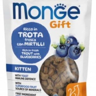Monge Snack Gatto Kitten Gift Immune Defence,snack per gatti cuccioli di tutte le taglie, gusto TROTA con MIRTILLI,senza cereali,favorisce il sostegno dell’apparato immunitario | 3 bustine da 50 g.