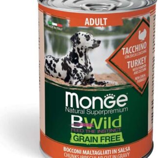 Monge BWild Umido Cane Adult Grainfree Tacchino con Zucca e Zucchine, alimento umido completo per cani adulti di tutte le taglie, senza cereali | 6 lattine da 400 grammi l’una.