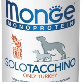 Monge Monoprotein Cane Grainfree, alimento completo per cani adulti di tutte le taglie, monoproteico, senza cereali gusto TACCHINO | 6 scatolette da 400 grammi l’una.