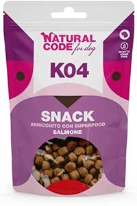 Natural code Snack Cane,snack per cani adulti e cuccioli di tutte le taglie,morbidi bocconcini al Salmone K04| 3 confezioni da 120 grammi l'una.