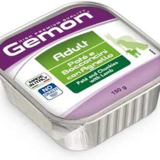 Gemon All Breeds adult patè con bocconi gusto AGNELLO alimento complementare per cani adulti di tutte le taglie| 12 vaschette da 150 grammi l’una.