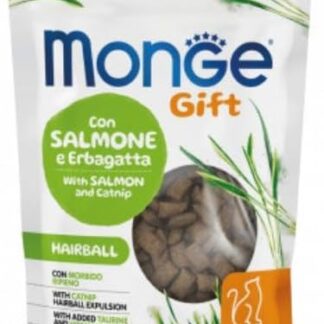 Monge Snack Gatto Gift Hairball, snack per gatti adulti di tutte le taglie, gusto SALMONE con ERBAGATTA,senza cereali, per gatti con eccesso di palle di pelo | 3 bustine da 60 grammi l’una.