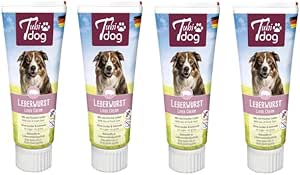Tubi DOG Delizia di salsiccia di fegato in tubo per cani | Confezione da 4 | 4 x 75 g | Tubo pratico al tocco morbido | Pasta snack ridotta di grassi senza zucchero