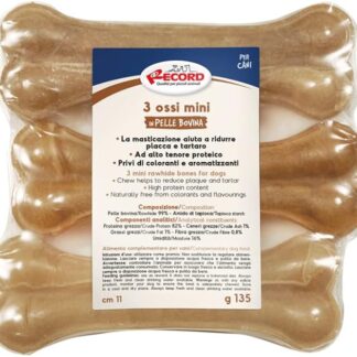 Record mini ossi per cani. Ossa per cani in pelle bovina. Masticativi per cani, confezione da 3pz in plastica termoretratta. Misura S 11cm di lunghezza e 45g di peso, per cani di taglia media.