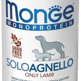 Monge Monoprotein Cane Grainfree, alimento completo per cani adulti di tutte le taglie, monoproteico, senza cereali gusto AGNELLO | 6 scatolette da 400 grammi l’una.