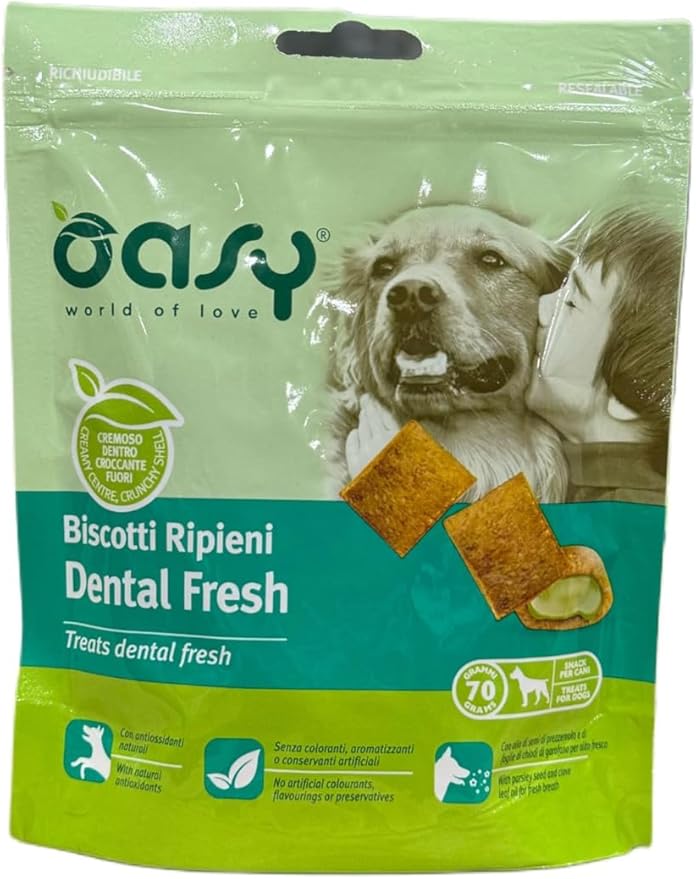 Oasy snack biscotti ripieni di mousse per cani adulti PROMOZIONE gusto DENTAL FRESH carni | 3 confezioni da 70 grammi l'una.