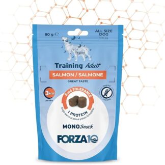 Forza 10 Snack Cane Training Salmone, snack per cani adulti di tutte le taglie e razze, favorisce il mantenimento del peso | 3 confezioni da 80 grammi l'una.