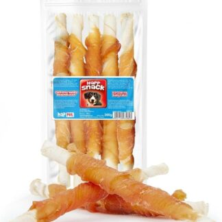 HAPPET Pollo su bastone bianco, 5 pezzi, masticatori per cani grandi, 25 cm, ossa naturali in pelle bovina avvolte in carne di pollo, snack salutare dentale