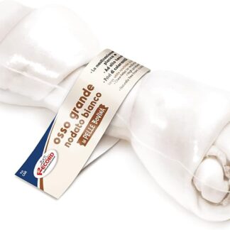 Record ossi per Cani nodati. Ossa per Cani in Pelle Bovina. Masticativi per Cani, confezione 1pz di osso in pelle nodato bianco. Misura L 25cm di lunghezza e 180g di peso, per cani di taglia grande.