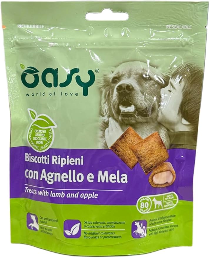 Oasy snack biscotti ripieni di mousse per cani adulti PROMOZIONE gusto AGNELLO e MELA |3 confezioni da 70 grammi l'una.