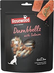 Rosewood Dumbbells Salmone - Osso da masticare per cani, spuntino da masticare in pelle bovina con salmone, supporta la cura dentale senza aggiunta di cereali e additivi artificiali, 150 g