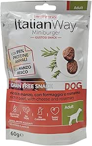 Italian Way Giuntini Gustosi Snack per Cani MiniBurger Grain Free Senza Cereali Dog Adult 60g (Manzo con Formaggio e Rosmarino)
