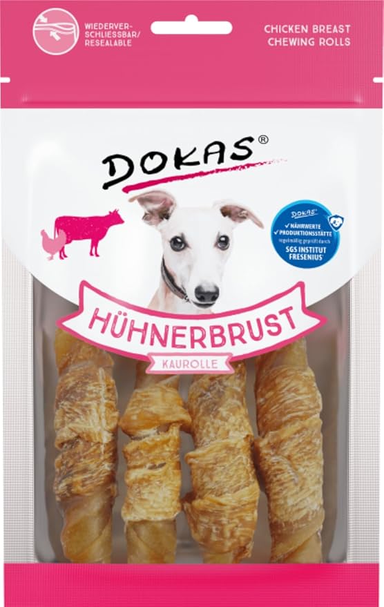 Dokas Petto di pollo | 10 x 90 g | Snack per cani | Pelle di manzo arrotolata in filetto di pollo con una nota di fumo fine | Senza coloranti e conservanti artificiali