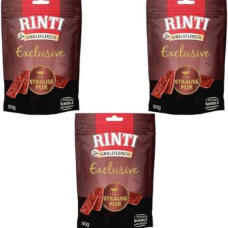 Rinti Singlefleisch Exclusive Struzzo puro | Confezione Tripla | 3 x 50 g | Snack premio per cani adulti | Per cani sensibili con allergie o intolleranze | Facilmente digeribile