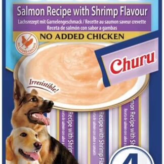 INABA Churu Snack per Cani Cremoso al Salmone con Gamberetti, 1 Pack (4 Stick x 14gr) - Premietti Cane Ipocalorici, Morbidi e Deliziosi - Cibo per Cani Senza Pollo, Conservanti o Coloranti Artificiali