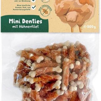 Knuffelwuff Mini Denties con filetto di pollo – Delizioso petto di pollo e pelle cruda di manzo: premia il tuo cane con una masticazione sana per forti muscoli masticatori – ideale per l'allenamento o