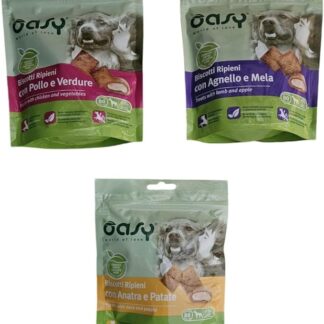 Oasy Snack Per Cani-Biscotti Ripieni-OFFERTA-3 Buste da 80 g (1 Busta con Pollo e Verdure, 1 Busta Con Agnello e Mela, 1 Busta con Anatra e Patate).