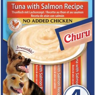 INABA Churu Snack per Cani Cremoso al Tonno con Salmone, 1 Pack (4 Stick x 14gr) - Premietti Cane Ipocalorici, Morbidi e Deliziosi - Cibo per Cani Senza Pollo, Conservanti o Coloranti Artificiali