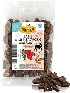 Mr Haff – Cani Deliziosi con carne di agnello, vermi e rosa canina, 80 grammi, senza cereali, ipoallergenici, dietetici, per cani e leccorni, articolo da masticare per cani