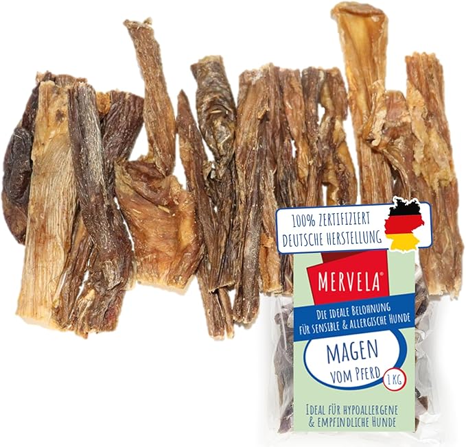 MERVELA Stomaco di cavallo, 100% cavallo puro, 1.000 g, stomaco essiccato dal cavallo, qualità dalla Germania, ideale per cani ipoallergenici, allergici e sensibili