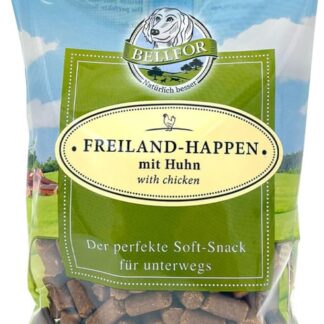 Bellfor Freiland-Happen Snack Morbidi per Cani con Pollo. Snack Senza Cereali, Ricchi di Carne e Omega-3 da Olio di Semi di Lino. Facili da Digerire – 200 g