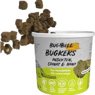BugBell, Set da 8 Pezzi (8 x 150 g), per Cani, Biscotti Senza Cereali e Senza Zucchero, ingredienti Naturali, Spinaci e Canapa per Rilassarsi, proteine ipoallergeniche e povere di purine