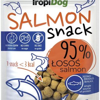 Snack per cani monoproteici con il 95% di salmone, senza cereali e conservanti, ideale per l'addestramento e l'igiene orale - TropiDog Snack Salmon 70g