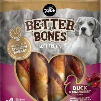 BetterBones - Spuntino morbido per cani, senza pelle grezza, rotoli avvolti con anatra con mirtillo, 12,5 cm, confezione da 4 pezzi